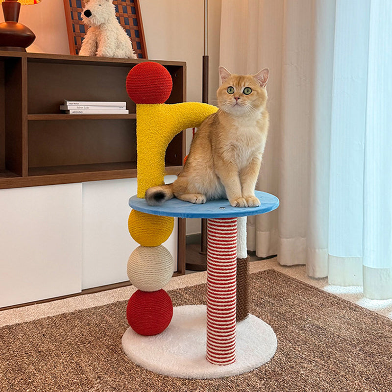 Contemporary Creative Round Medium-Density Fiberboard Velvet Fabric Hemp Rope Paper Tube Cat Tree 2-Tier For Living Room Cuvalon