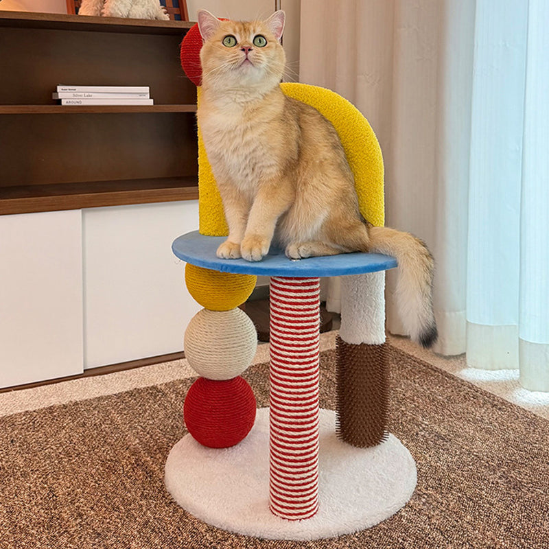 Contemporary Creative Round Medium-Density Fiberboard Velvet Fabric Hemp Rope Paper Tube Cat Tree 2-Tier For Living Room Cuvalon