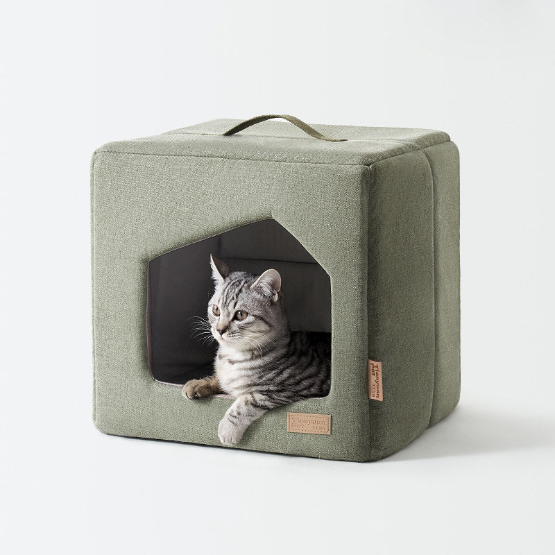 Contemporary Scandinavian Square Linen Fabric Sponge Cat Bed For Living Room Cuvalon