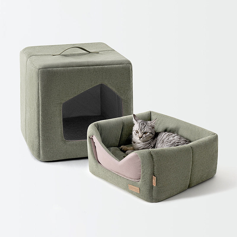 Contemporary Scandinavian Square Linen Fabric Sponge Cat Bed For Living Room Cuvalon