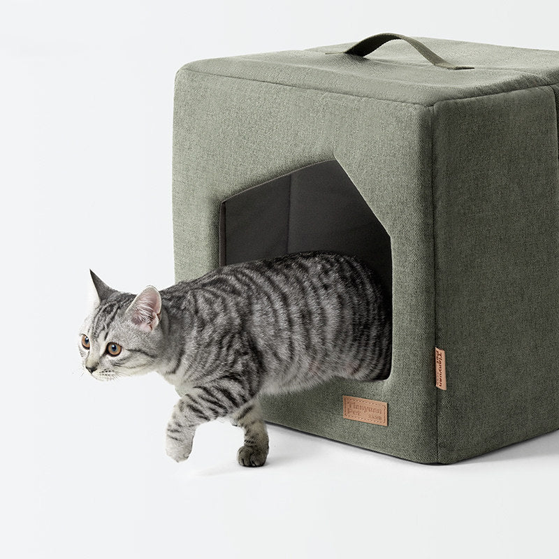 Contemporary Scandinavian Square Linen Fabric Sponge Cat Bed For Living Room Cuvalon