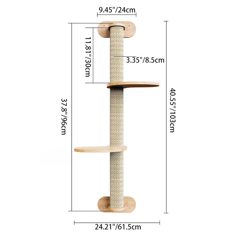 Contemporary Scandinavian Round Rubberwood Solid Wood Kraft Paper Rope Cat Tree 3-Tier For Living Room Cuvalon