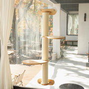 Contemporary Scandinavian Round Rubberwood Solid Wood Kraft Paper Rope Cat Tree 3-Tier For Living Room Cuvalon