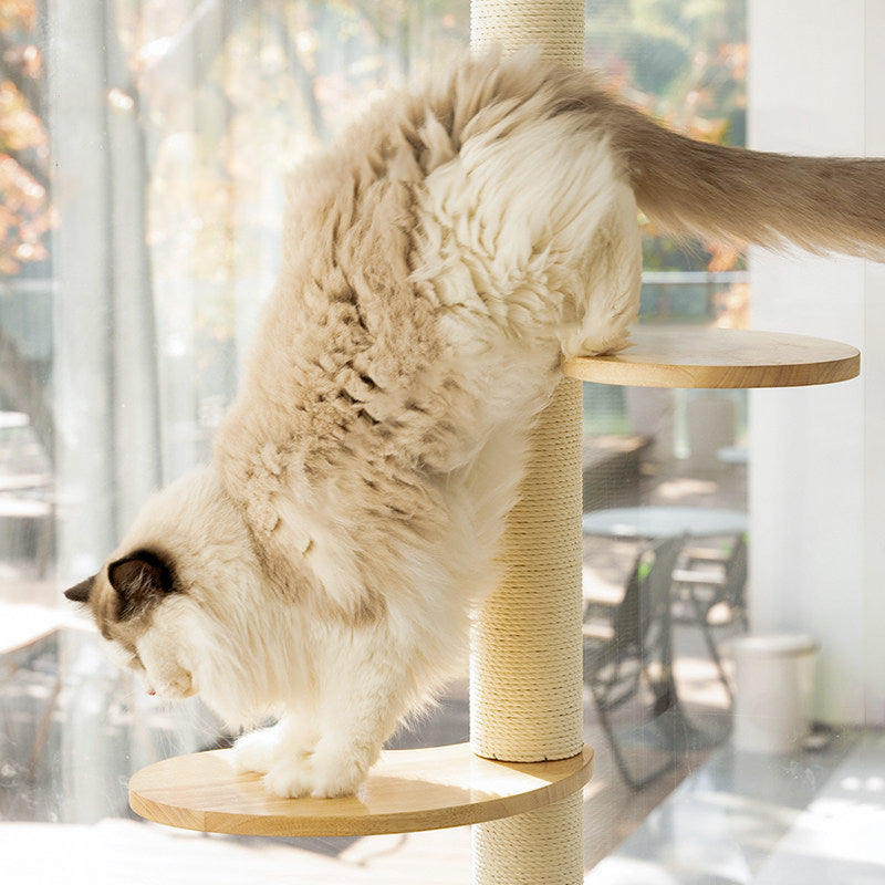 Contemporary Scandinavian Round Rubberwood Solid Wood Kraft Paper Rope Cat Tree 3-Tier For Living Room Cuvalon