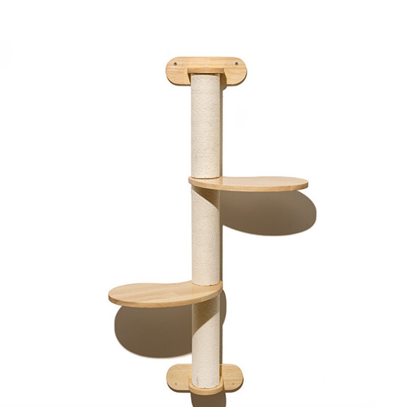Contemporary Scandinavian Round Rubberwood Solid Wood Kraft Paper Rope Cat Tree 3-Tier For Living Room Cuvalon