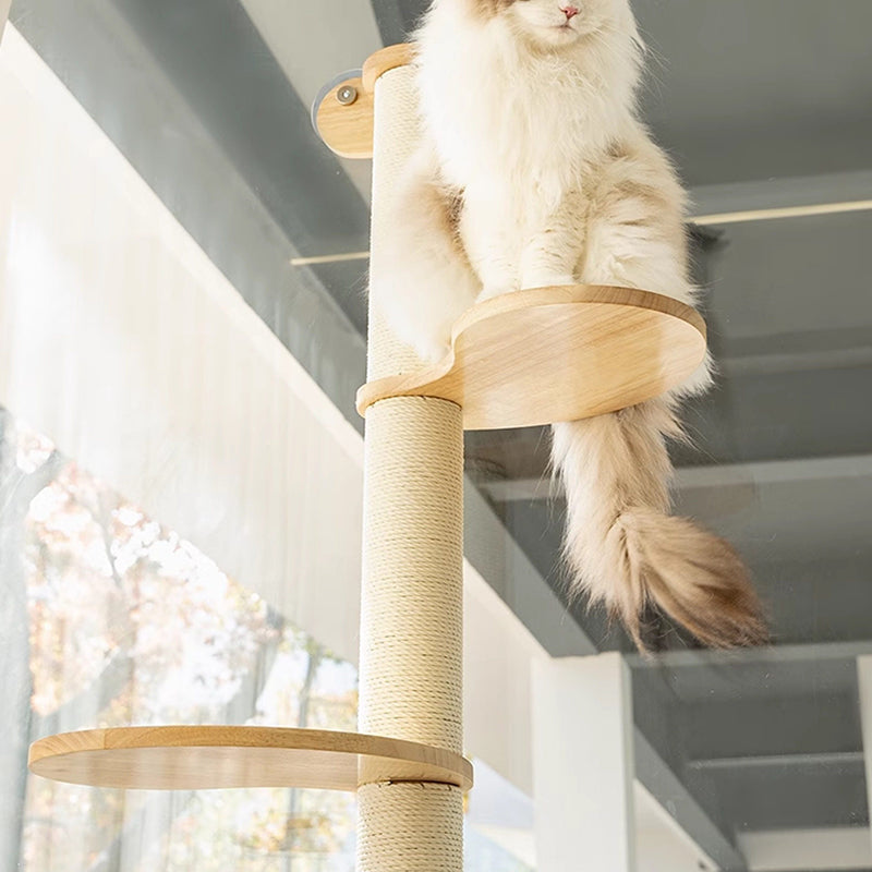 Contemporary Scandinavian Round Rubberwood Solid Wood Kraft Paper Rope Cat Tree 3-Tier For Living Room Cuvalon
