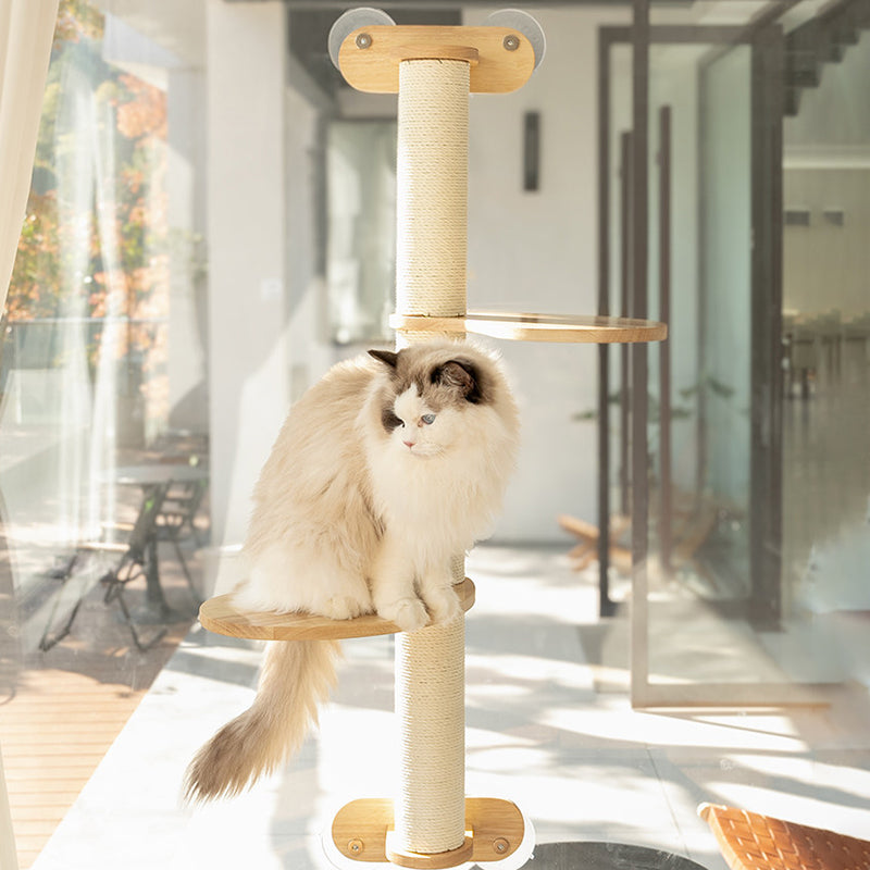 Contemporary Scandinavian Round Rubberwood Solid Wood Kraft Paper Rope Cat Tree 3-Tier For Living Room Cuvalon
