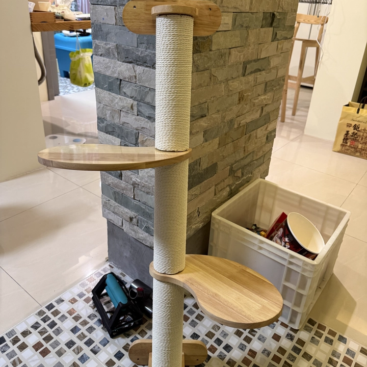 Contemporary Scandinavian Round Rubberwood Solid Wood Kraft Paper Rope Cat Tree 3-Tier For Living Room Cuvalon