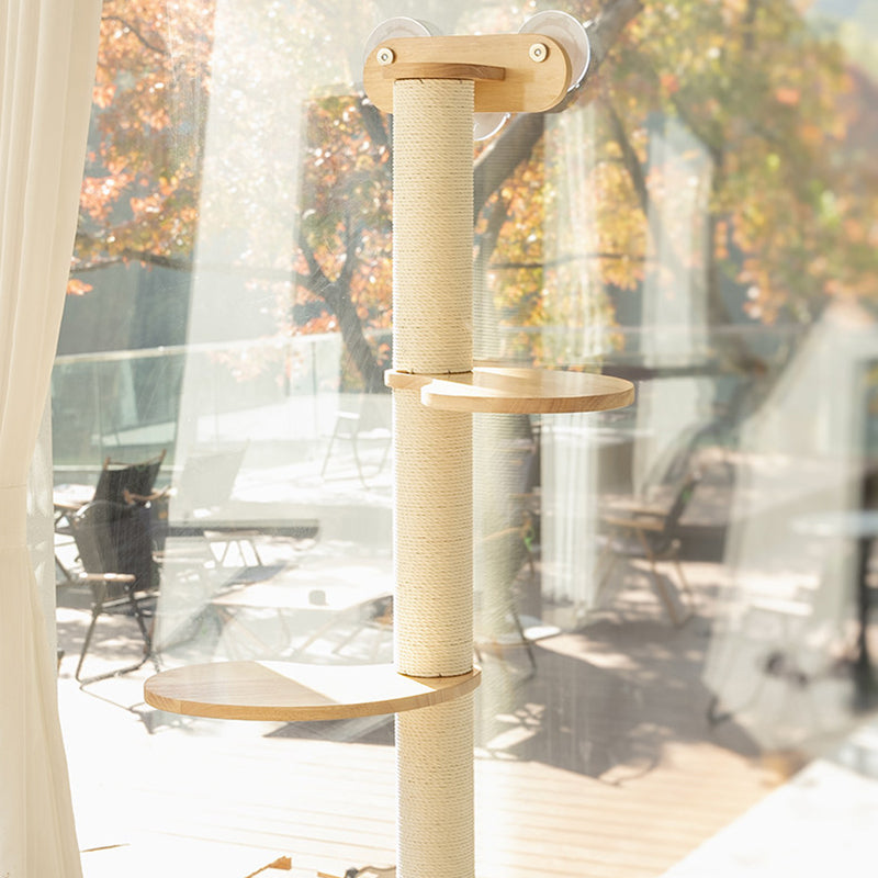 Contemporary Scandinavian Round Rubberwood Solid Wood Kraft Paper Rope Cat Tree 3-Tier For Living Room Cuvalon