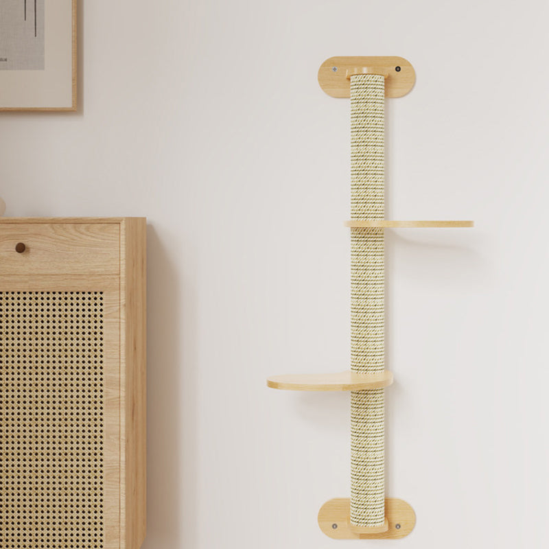 Contemporary Scandinavian Round Rubberwood Solid Wood Kraft Paper Rope Cat Tree 3-Tier For Living Room Cuvalon