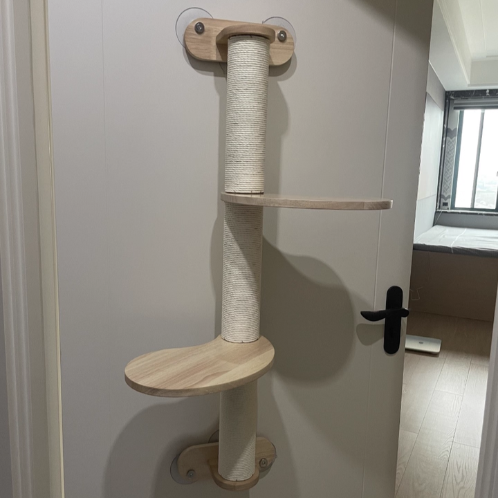 Contemporary Scandinavian Round Rubberwood Solid Wood Kraft Paper Rope Cat Tree 3-Tier For Living Room Cuvalon