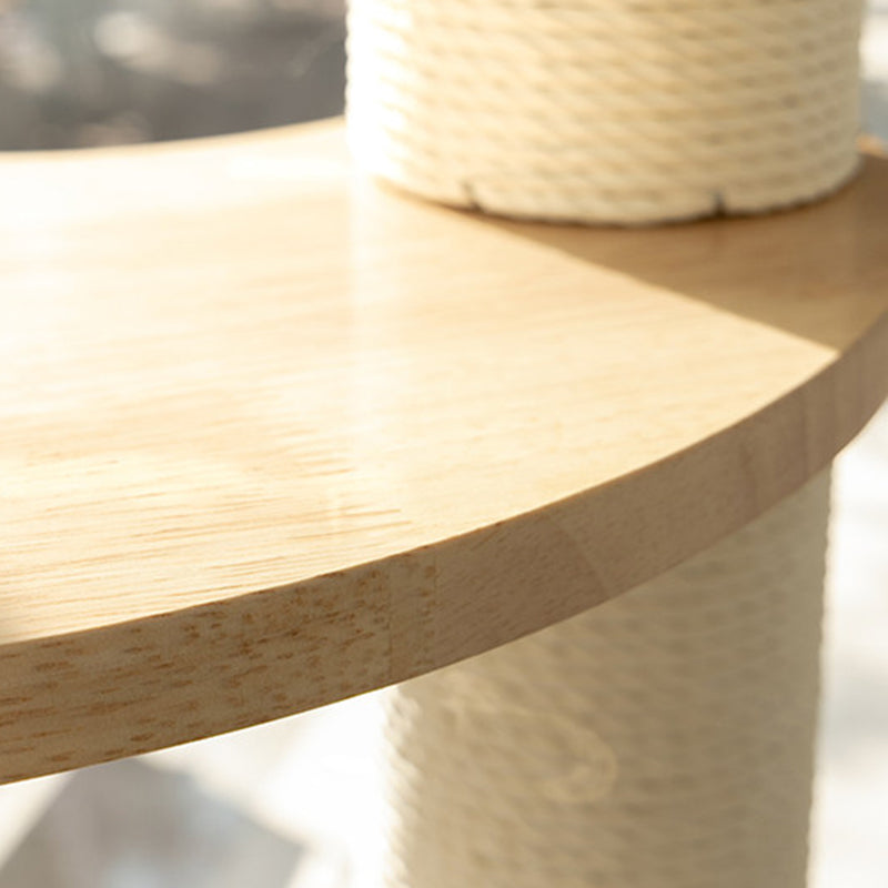 Contemporary Scandinavian Round Rubberwood Solid Wood Kraft Paper Rope Cat Tree 3-Tier For Living Room Cuvalon