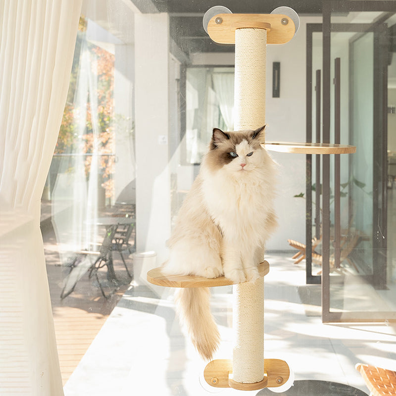 Contemporary Scandinavian Round Rubberwood Solid Wood Kraft Paper Rope Cat Tree 3-Tier For Living Room Cuvalon