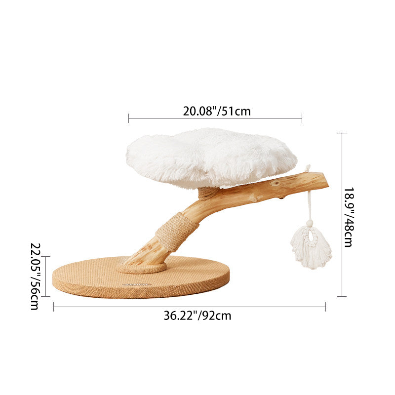 Contemporary Scandinavian Round Particleboard Natural Fruitwood Velvet Fabric Hemp Rope Cat Tree 2-Tier For Living Room Cuvalon