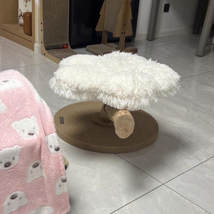 Contemporary Scandinavian Round Particleboard Natural Fruitwood Velvet Fabric Hemp Rope Cat Tree 2-Tier For Living Room Cuvalon