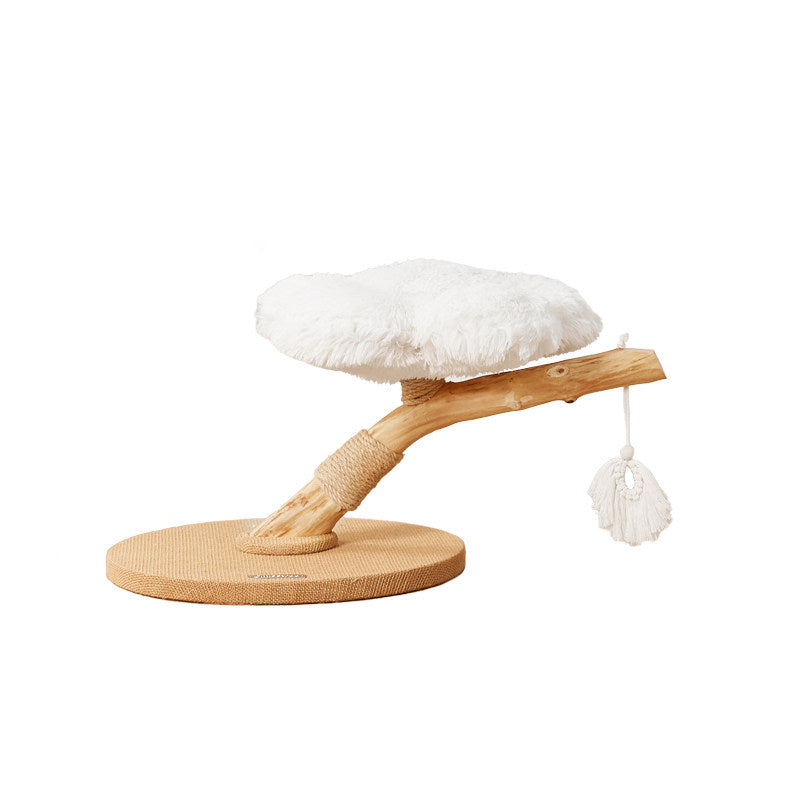 Contemporary Scandinavian Round Particleboard Natural Fruitwood Velvet Fabric Hemp Rope Cat Tree 2-Tier For Living Room Cuvalon