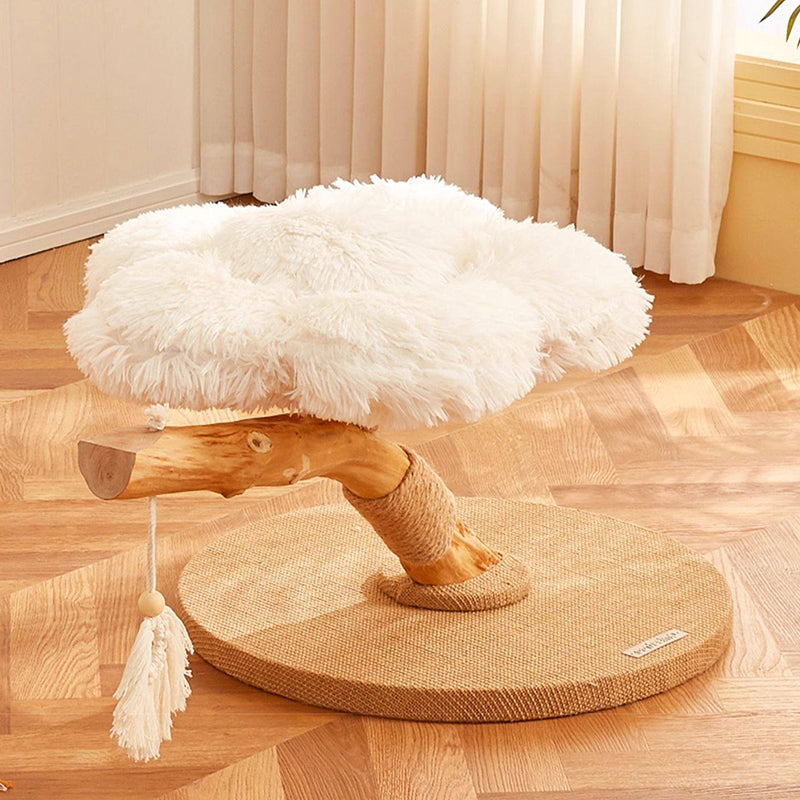 Contemporary Scandinavian Round Particleboard Natural Fruitwood Velvet Fabric Hemp Rope Cat Tree 2-Tier For Living Room Cuvalon