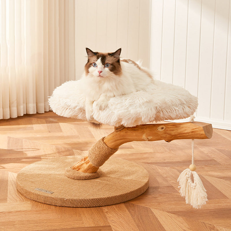Contemporary Scandinavian Round Particleboard Natural Fruitwood Velvet Fabric Hemp Rope Cat Tree 2-Tier For Living Room Cuvalon