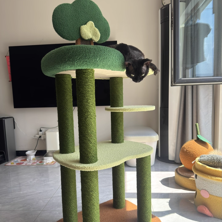 Contemporary Creative Rectangular Particleboard Cardboard Velvet Fabric Sisal Cat Tree 4-Tier For Living Room Cuvalon