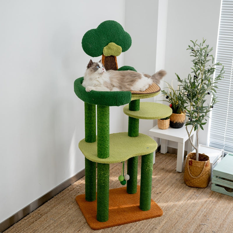 Contemporary Creative Rectangular Particleboard Cardboard Velvet Fabric Sisal Cat Tree 4-Tier For Living Room Cuvalon