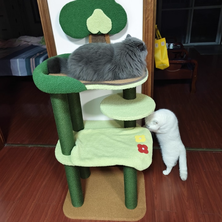 Contemporary Creative Rectangular Particleboard Cardboard Velvet Fabric Sisal Cat Tree 4-Tier For Living Room Cuvalon