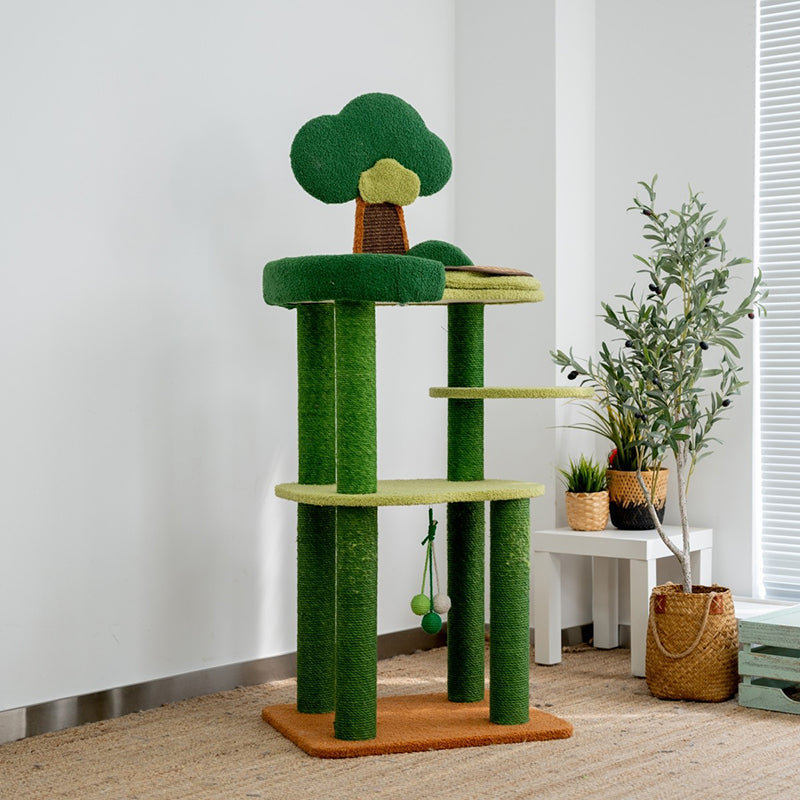 Contemporary Creative Rectangular Particleboard Cardboard Velvet Fabric Sisal Cat Tree 4-Tier For Living Room Cuvalon
