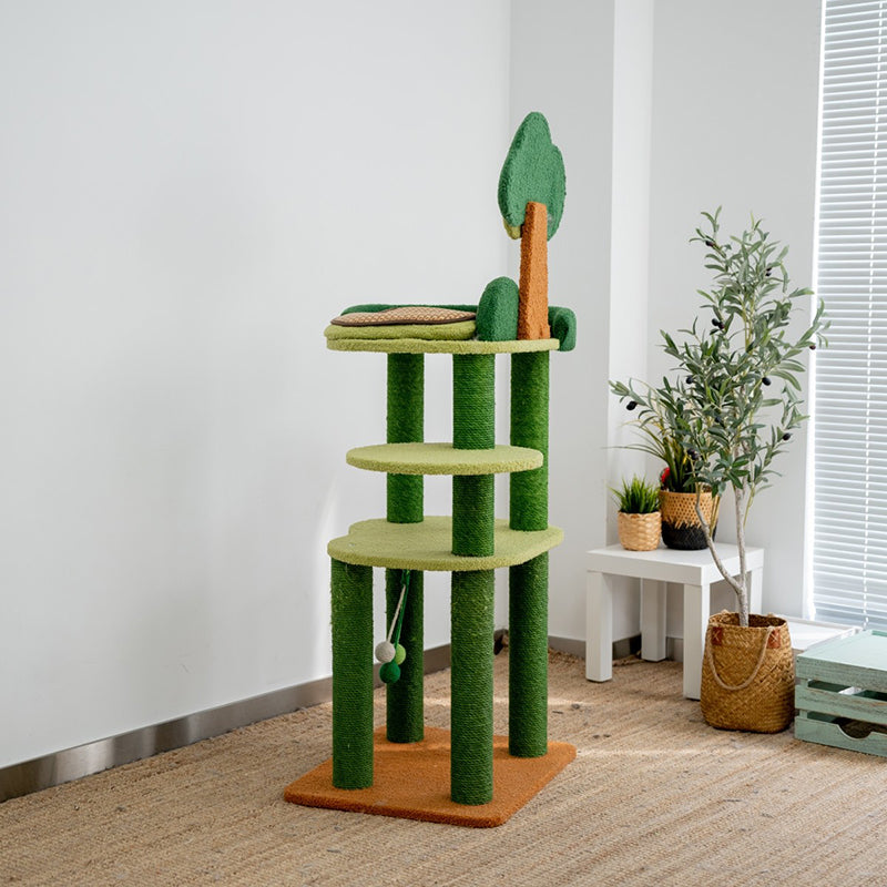 Contemporary Creative Rectangular Particleboard Cardboard Velvet Fabric Sisal Cat Tree 4-Tier For Living Room Cuvalon