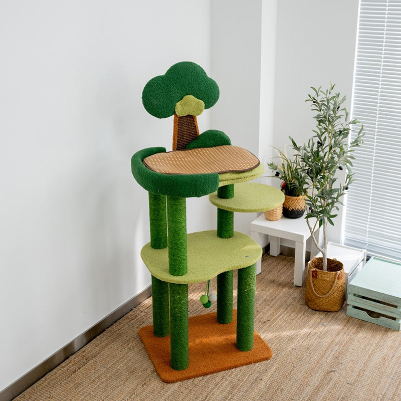 Contemporary Creative Rectangular Particleboard Cardboard Velvet Fabric Sisal Cat Tree 4-Tier For Living Room Cuvalon