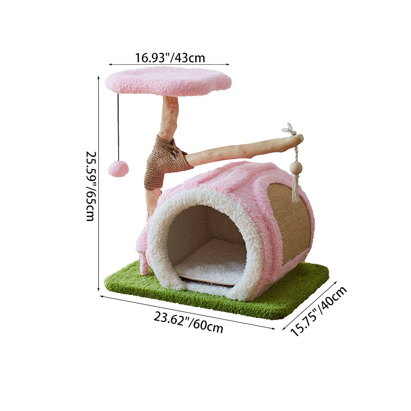 Contemporary Creative Round Multi-Layer Solid Wood Panel Natural Fruitwood Velvet Fabric Sisal Cat Tree 2-Tier For Living Room Cuvalon