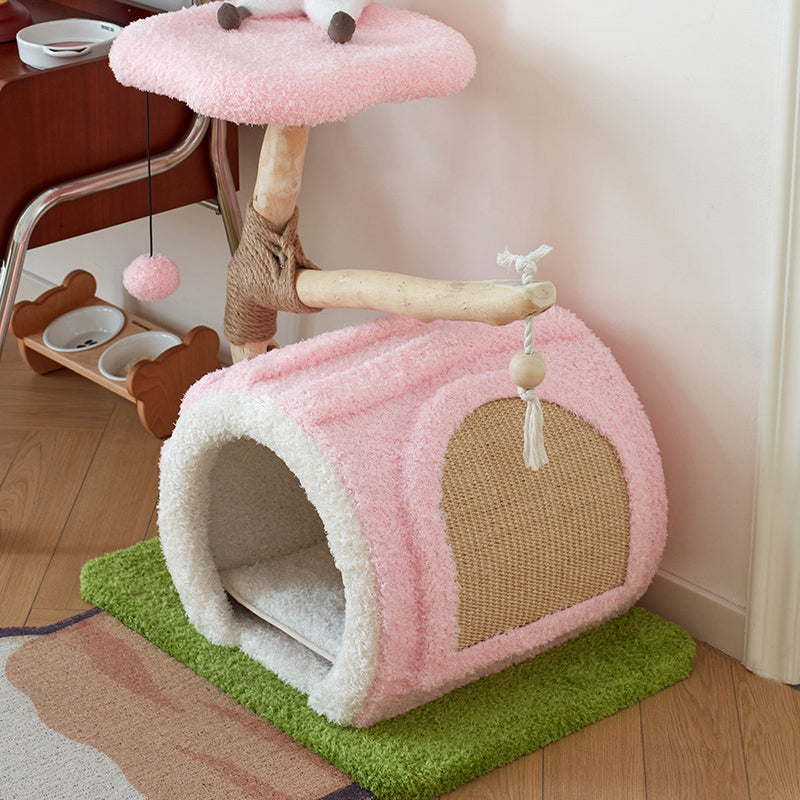 Contemporary Creative Round Multi-Layer Solid Wood Panel Natural Fruitwood Velvet Fabric Sisal Cat Tree 2-Tier For Living Room Cuvalon