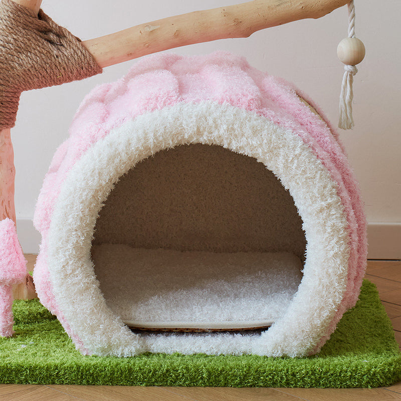 Contemporary Creative Round Multi-Layer Solid Wood Panel Natural Fruitwood Velvet Fabric Sisal Cat Tree 2-Tier For Living Room Cuvalon