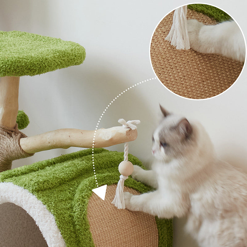 Contemporary Creative Round Multi-Layer Solid Wood Panel Natural Fruitwood Velvet Fabric Sisal Cat Tree 2-Tier For Living Room Cuvalon