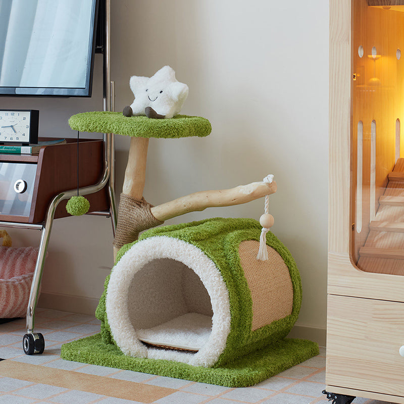 Contemporary Creative Round Multi-Layer Solid Wood Panel Natural Fruitwood Velvet Fabric Sisal Cat Tree 2-Tier For Living Room Cuvalon