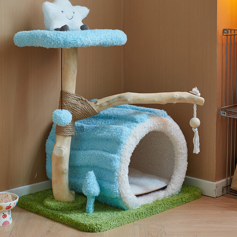 Contemporary Creative Round Multi-Layer Solid Wood Panel Natural Fruitwood Velvet Fabric Sisal Cat Tree 2-Tier For Living Room Cuvalon