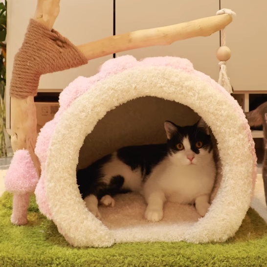 Contemporary Creative Round Multi-Layer Solid Wood Panel Natural Fruitwood Velvet Fabric Sisal Cat Tree 2-Tier For Living Room Cuvalon