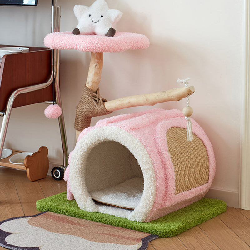 Contemporary Creative Round Multi-Layer Solid Wood Panel Natural Fruitwood Velvet Fabric Sisal Cat Tree 2-Tier For Living Room Cuvalon