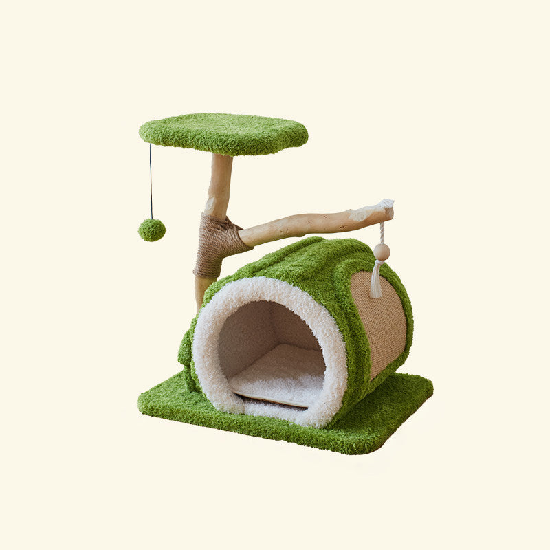 Contemporary Creative Round Multi-Layer Solid Wood Panel Natural Fruitwood Velvet Fabric Sisal Cat Tree 2-Tier For Living Room Cuvalon