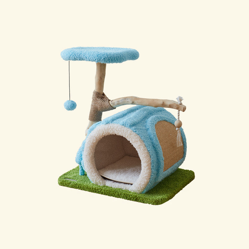 Contemporary Creative Round Multi-Layer Solid Wood Panel Natural Fruitwood Velvet Fabric Sisal Cat Tree 2-Tier For Living Room Cuvalon