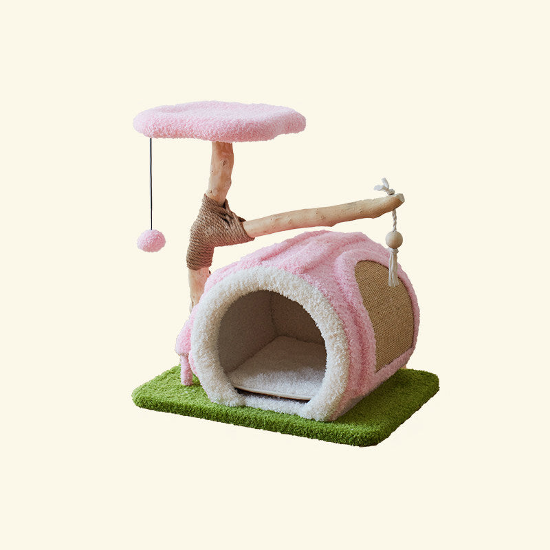 Contemporary Creative Round Multi-Layer Solid Wood Panel Natural Fruitwood Velvet Fabric Sisal Cat Tree 2-Tier For Living Room Cuvalon