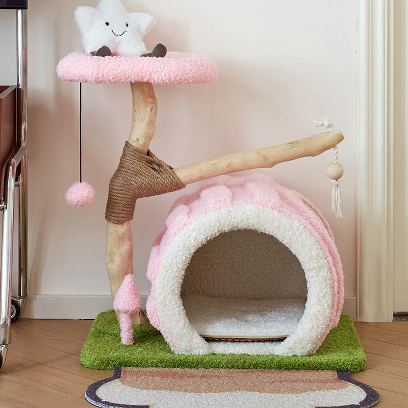 Contemporary Creative Round Multi-Layer Solid Wood Panel Natural Fruitwood Velvet Fabric Sisal Cat Tree 2-Tier For Living Room Cuvalon