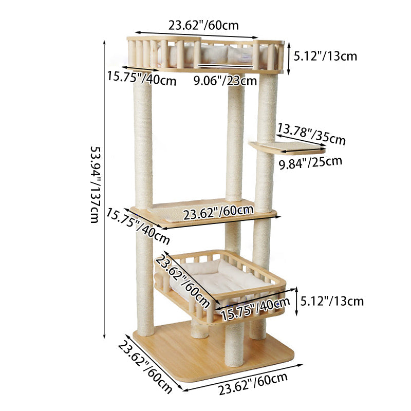 Contemporary Scandinavian Square Multi-Layer Solid Wood Panel Velvet Fabric Sisal Cat Tree 4-Tier For Living Room Cuvalon