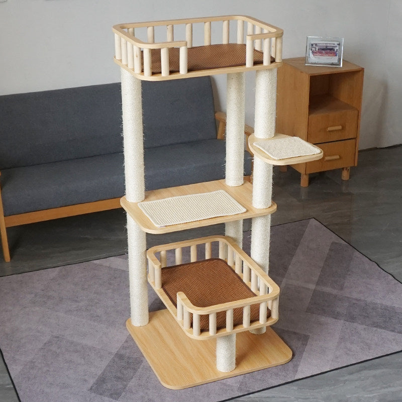Contemporary Scandinavian Square Multi-Layer Solid Wood Panel Velvet Fabric Sisal Cat Tree 4-Tier For Living Room Cuvalon