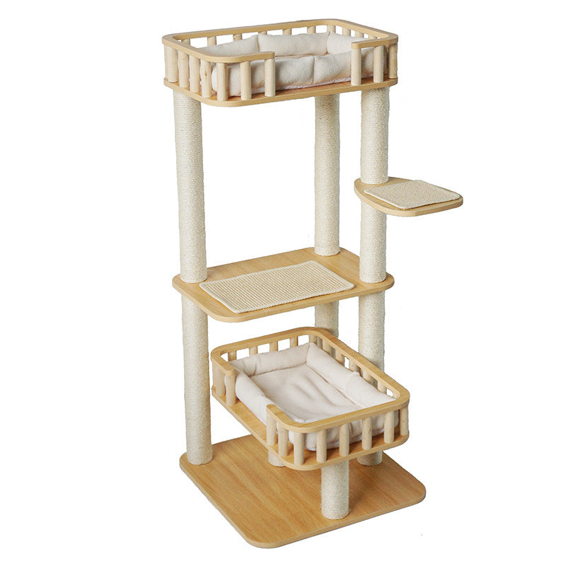 Contemporary Scandinavian Square Multi-Layer Solid Wood Panel Velvet Fabric Sisal Cat Tree 4-Tier For Living Room Cuvalon