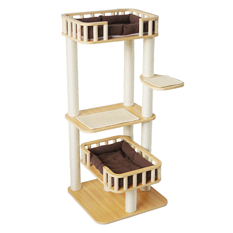 Contemporary Scandinavian Square Multi-Layer Solid Wood Panel Velvet Fabric Sisal Cat Tree 4-Tier For Living Room Cuvalon