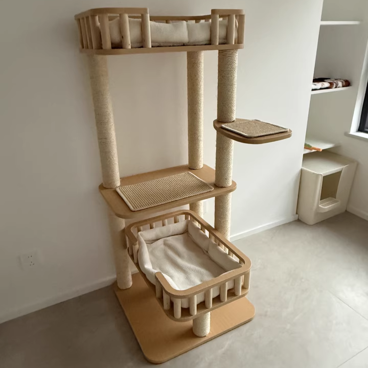 Contemporary Scandinavian Square Multi-Layer Solid Wood Panel Velvet Fabric Sisal Cat Tree 4-Tier For Living Room Cuvalon