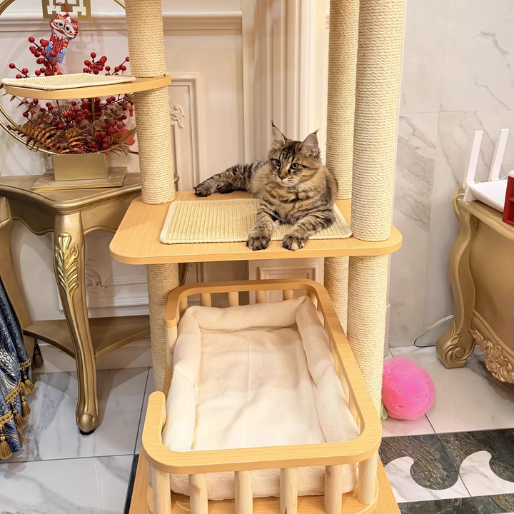 Contemporary Scandinavian Square Multi-Layer Solid Wood Panel Velvet Fabric Sisal Cat Tree 4-Tier For Living Room Cuvalon