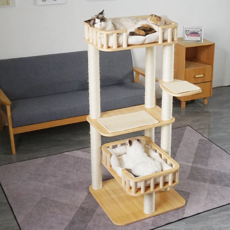 Contemporary Scandinavian Square Multi-Layer Solid Wood Panel Velvet Fabric Sisal Cat Tree 4-Tier For Living Room Cuvalon
