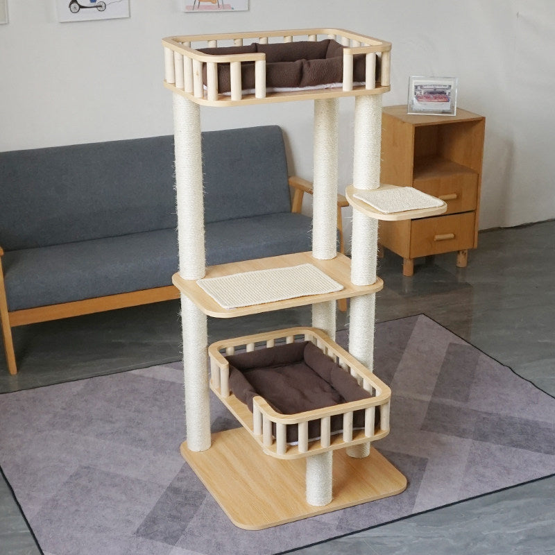 Contemporary Scandinavian Square Multi-Layer Solid Wood Panel Velvet Fabric Sisal Cat Tree 4-Tier For Living Room Cuvalon