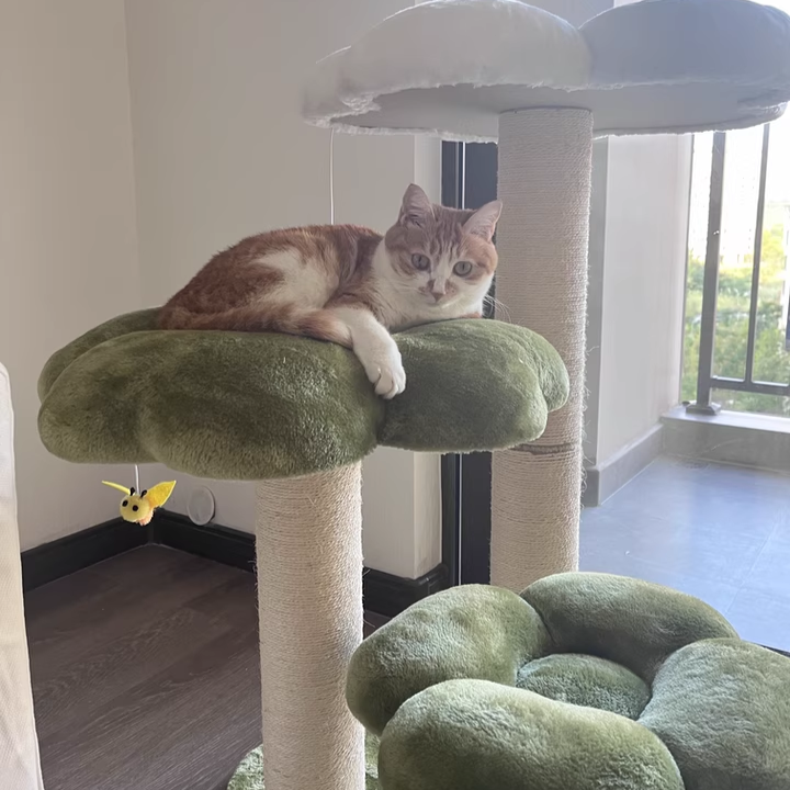 Contemporary Creative Round Particleboard Velvet Fabric Sisal Cat Tree 3-Tier For Living Room Cuvalon