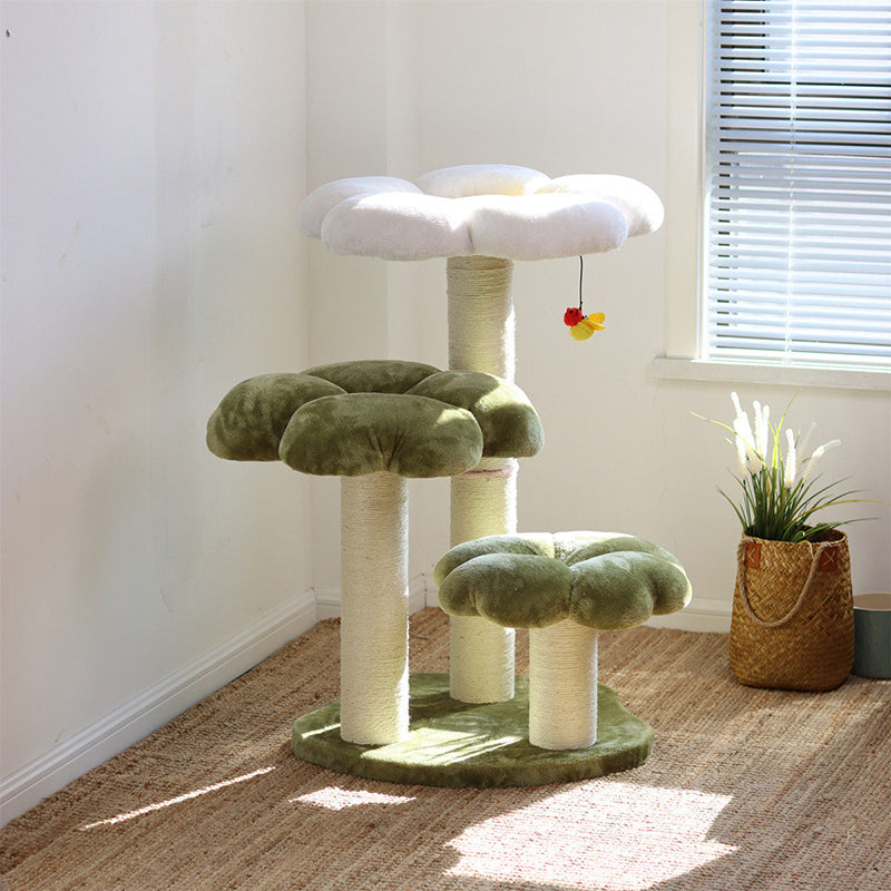 Contemporary Creative Round Particleboard Velvet Fabric Sisal Cat Tree 3-Tier For Living Room Cuvalon